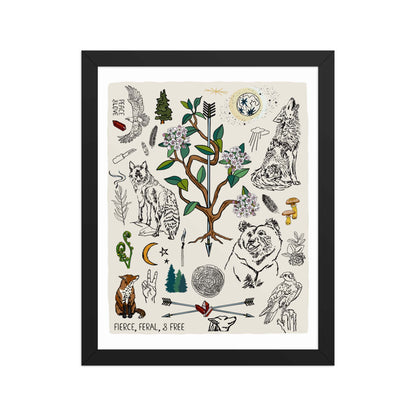 "Fierce, Feral, and Free" artwork with nature-themed illustrations including a bear, wolves, rhododendron, birds, a fox, crescent moon, full moon, mushrooms, arrows, and a pine forest on an ivory background. 11x14 art print, framed in a black wood frame. 