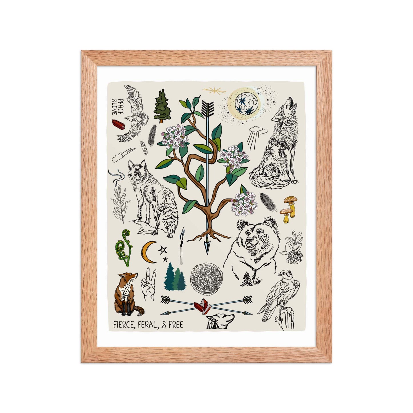"Fierce, Feral, and Free" artwork with nature-themed illustrations including a bear, wolves, rhododendron, birds, a fox, crescent moon, full moon, mushrooms, arrows, and a pine forest on an ivory background. 11x14 art print, framed in a natural wood frame. 