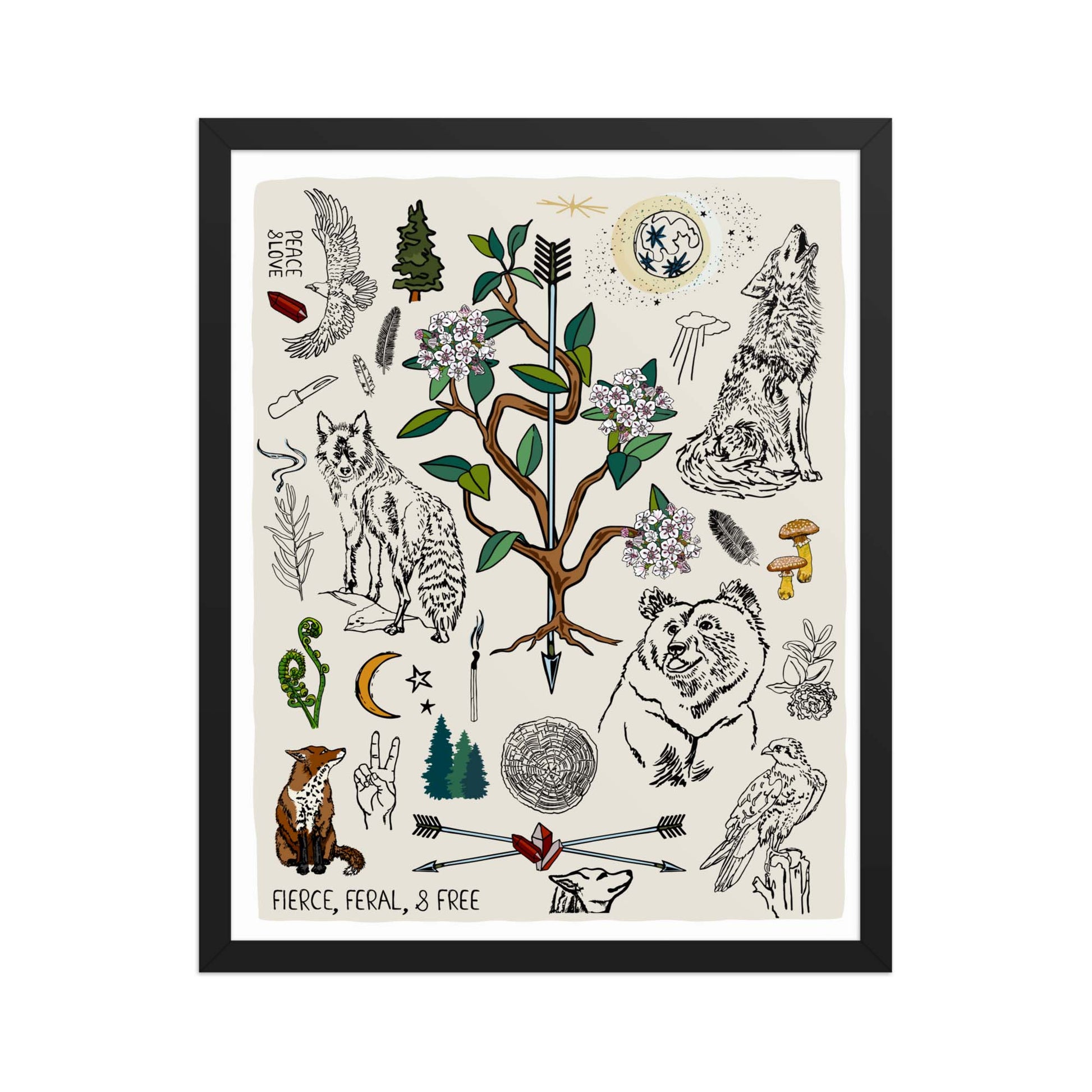 "Fierce, Feral, and Free" artwork with nature-themed illustrations including a bear, wolves, rhododendron, birds, a fox, crescent moon, full moon, mushrooms, arrows, and a pine forest on an ivory background. 16x20 art print, framed in a black wood frame. 
