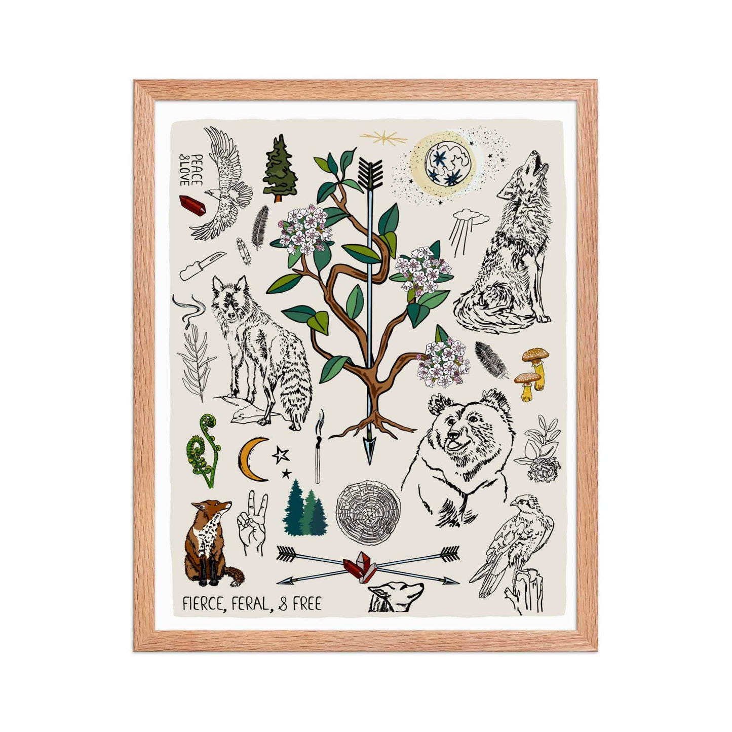 "Fierce, Feral, and Free" artwork with nature-themed illustrations including a bear, wolves, rhododendron, birds, a fox, crescent moon, full moon, mushrooms, arrows, and a pine forest on an ivory background. 16x20 art print, framed in a natural wood frame. 