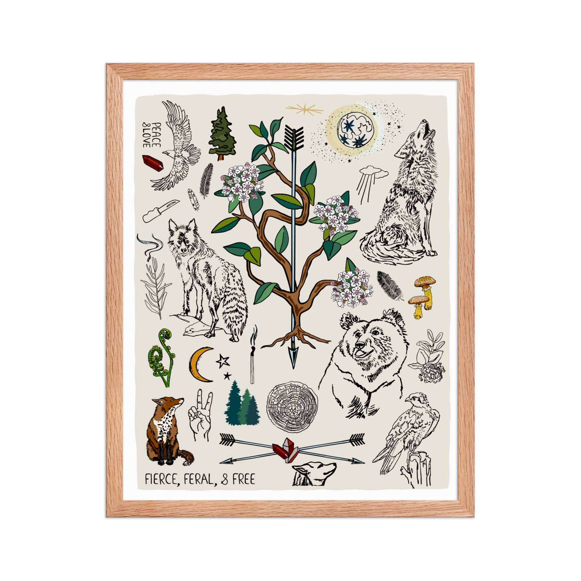 "Fierce, Feral, and Free" artwork with nature-themed illustrations including a bear, wolves, rhododendron, birds, a fox, crescent moon, full moon, mushrooms, arrows, and a pine forest on an ivory background. 16x20 art print, framed in a natural wood frame. 