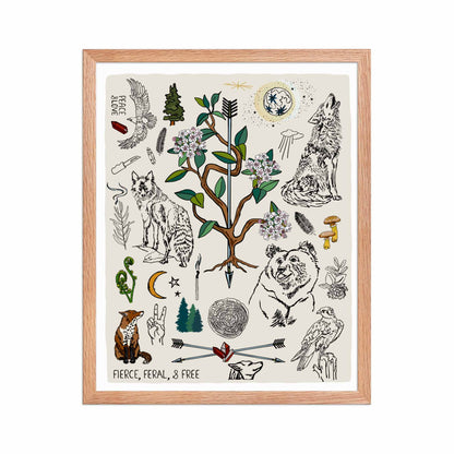 "Fierce, Feral, and Free" artwork with nature-themed illustrations including a bear, wolves, rhododendron, birds, a fox, crescent moon, full moon, mushrooms, arrows, and a pine forest on an ivory background. 16x20 art print, framed in a natural wood frame. 