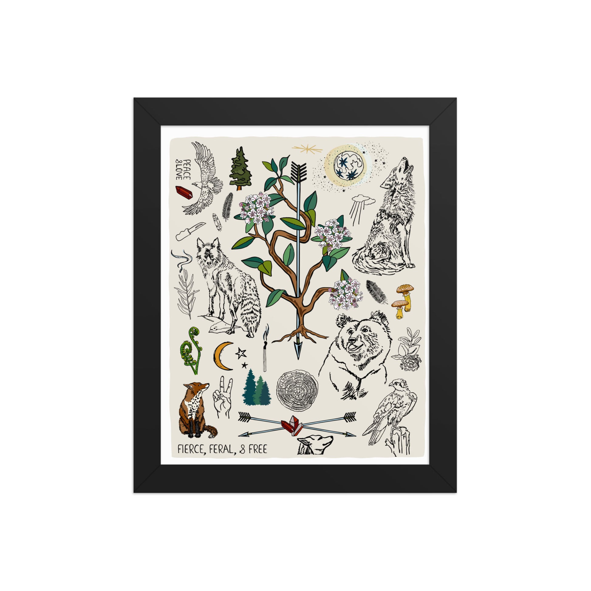 "Fierce, Feral, and Free" artwork with nature-themed illustrations including a bear, wolves, rhododendron, birds, a fox, crescent moon, full moon, mushrooms, arrows, and a pine forest on an ivory background. 8x10 art print, framed in a black wood frame. 