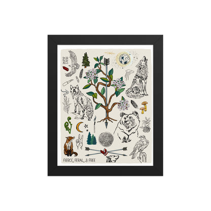 "Fierce, Feral, and Free" artwork with nature-themed illustrations including a bear, wolves, rhododendron, birds, a fox, crescent moon, full moon, mushrooms, arrows, and a pine forest on an ivory background. 8x10 art print, framed in a black wood frame. 