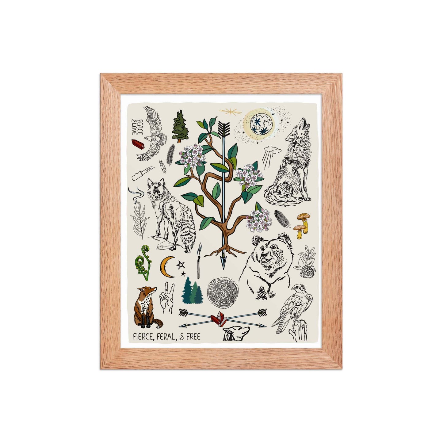 "Fierce, Feral, and Free" artwork with nature-themed illustrations including a bear, wolves, rhododendron, birds, a fox, crescent moon, full moon, mushrooms, arrows, and a pine forest on an ivory background. 8x10 art print, framed in a black wood frame. 