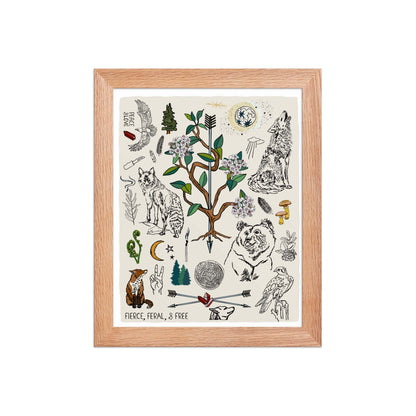 "Fierce, Feral, and Free" artwork with nature-themed illustrations including a bear, wolves, rhododendron, birds, a fox, crescent moon, full moon, mushrooms, arrows, and a pine forest on an ivory background. 8x10 art print, framed in a black wood frame. 