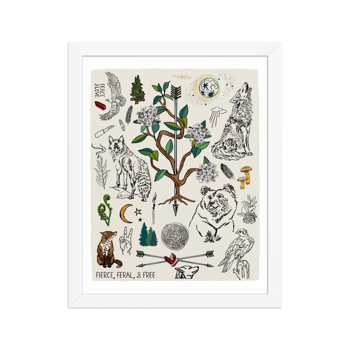"Fierce, Feral, and Free" artwork with nature-themed illustrations including a bear, wolves, rhododendron, birds, a fox, crescent moon, full moon, mushrooms, arrows, and a pine forest on an ivory background. 11x1 art print, framed in a white wood frame. 