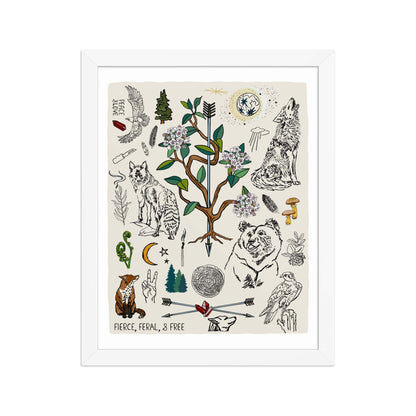 "Fierce, Feral, and Free" artwork with nature-themed illustrations including a bear, wolves, rhododendron, birds, a fox, crescent moon, full moon, mushrooms, arrows, and a pine forest on an ivory background. 11x1 art print, framed in a white wood frame. 