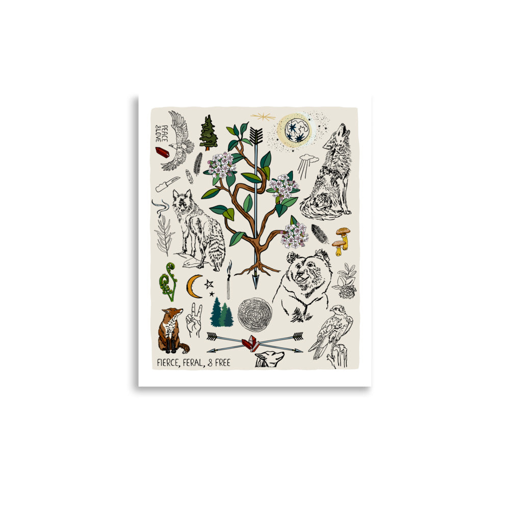 11x14 Fierce, Feral, and Free art print poster. The artwork has bears, wolves, birds, forest, a full moon, a crescent moon, crossed arrows, mushrooms, burning sage, and a camp knife. 