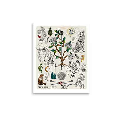 11x14 Fierce, Feral, and Free art print poster. The artwork has bears, wolves, birds, forest, a full moon, a crescent moon, crossed arrows, mushrooms, burning sage, and a camp knife. 