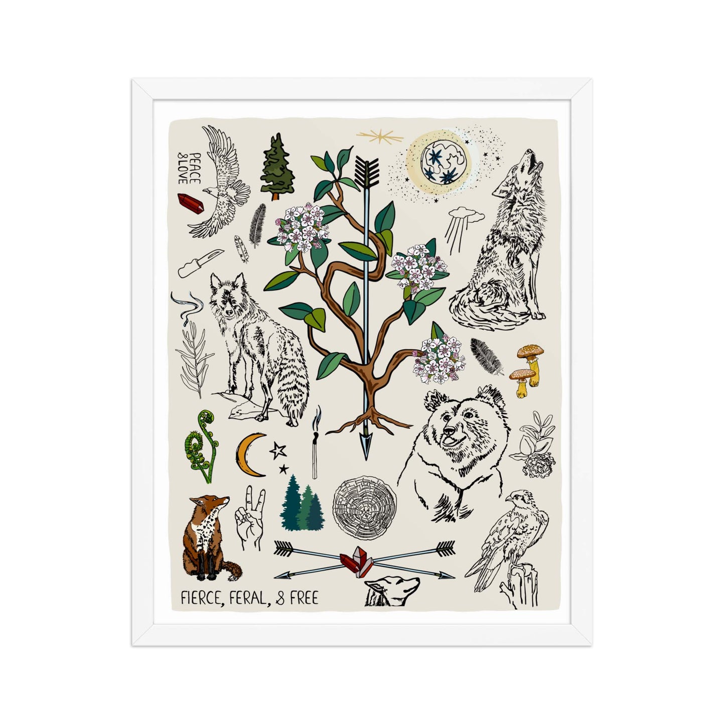 "Fierce, Feral, and Free" artwork with nature-themed illustrations including a bear, wolves, rhododendron, birds, a fox, crescent moon, full moon, mushrooms, arrows, and a pine forest on an ivory background. 16x20 art print, framed in a white wood frame. 