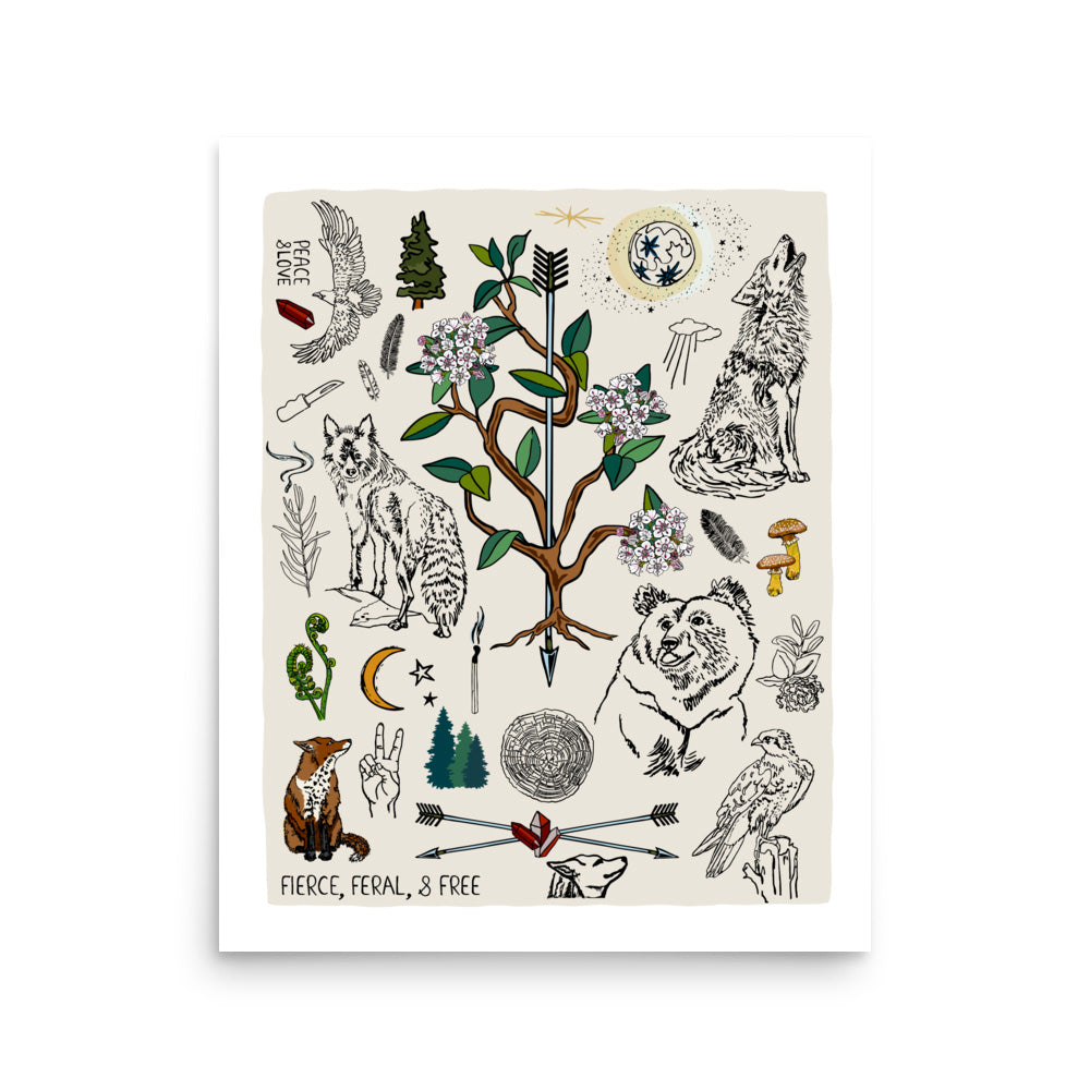 16x20 Fierce, Feral, and Free art print poster. The artwork has bears, wolves, birds, forest, a full moon, a crescent moon, crossed arrows, mushrooms, burning sage, and a camp knife. 