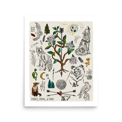 16x20 Fierce, Feral, and Free art print poster. The artwork has bears, wolves, birds, forest, a full moon, a crescent moon, crossed arrows, mushrooms, burning sage, and a camp knife. 