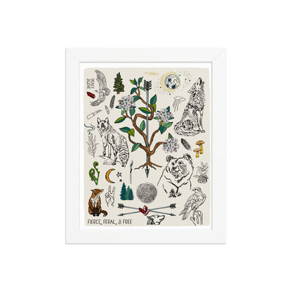 "Fierce, Feral, and Free" artwork with nature-themed illustrations including a bear, wolves, rhododendron, birds, a fox, crescent moon, full moon, mushrooms, arrows, and a pine forest on an ivory background. 8x10 art print, framed in a white wood frame. 