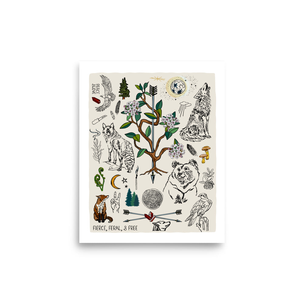 8x10 Fierce, Feral, and Free art print poster. The artwork has bears, wolves, birds, forest, a full moon, a crescent moon, crossed arrows, mushrooms, burning sage, and a camp knife. 