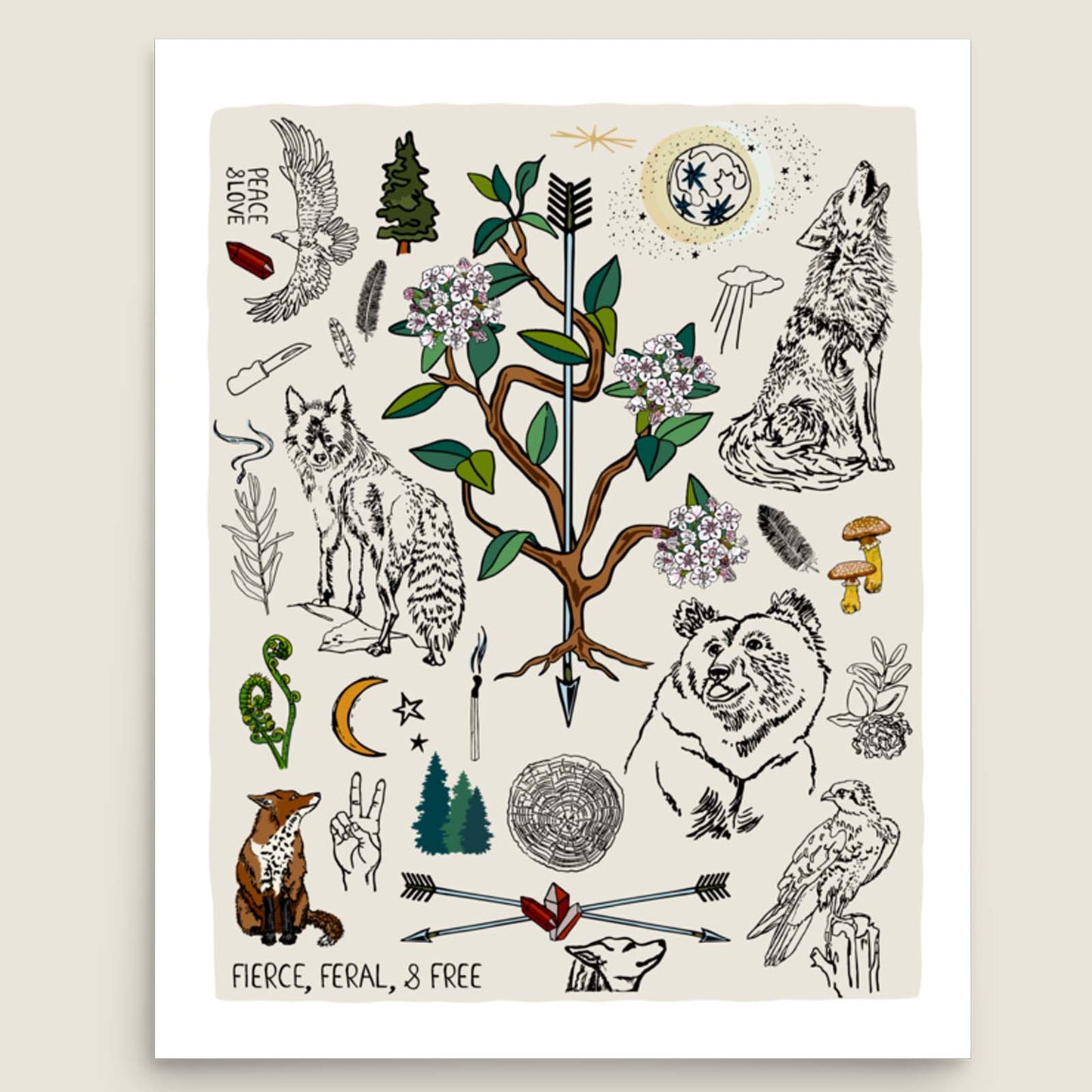 Fierce, Feral, and Free art print poster on an ivory background. The artwork has bears, wolves, birds, forest, a full moon, a crescent moon, crossed arrows, mushrooms, burning sage, and a camp knife. 