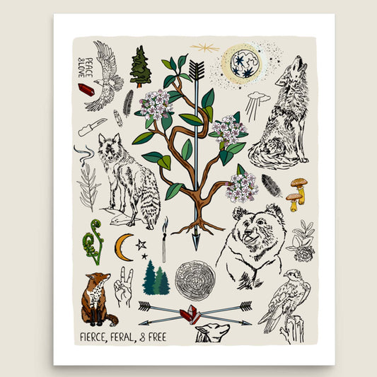 Fierce, Feral, and Free art print poster on an ivory background. The artwork has bears, wolves, birds, forest, a full moon, a crescent moon, crossed arrows, mushrooms, burning sage, and a camp knife. 