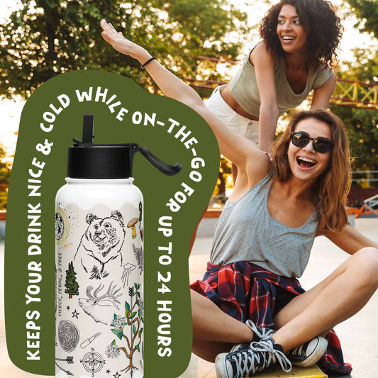 There is a photo of the water bottle laid on top of a green organic shape. The words "Keeps you drink nice & cold while on the go for up to 24 hours" are written around the water bottle. There's a background photo of two women in an urban setting. One woman is pushing the other on a skateboard.