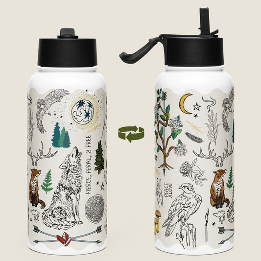Fierce, Feral, and Free stainless steel insulated water bottle with leakproof straw lid. Image shows both sides of the water bottle.