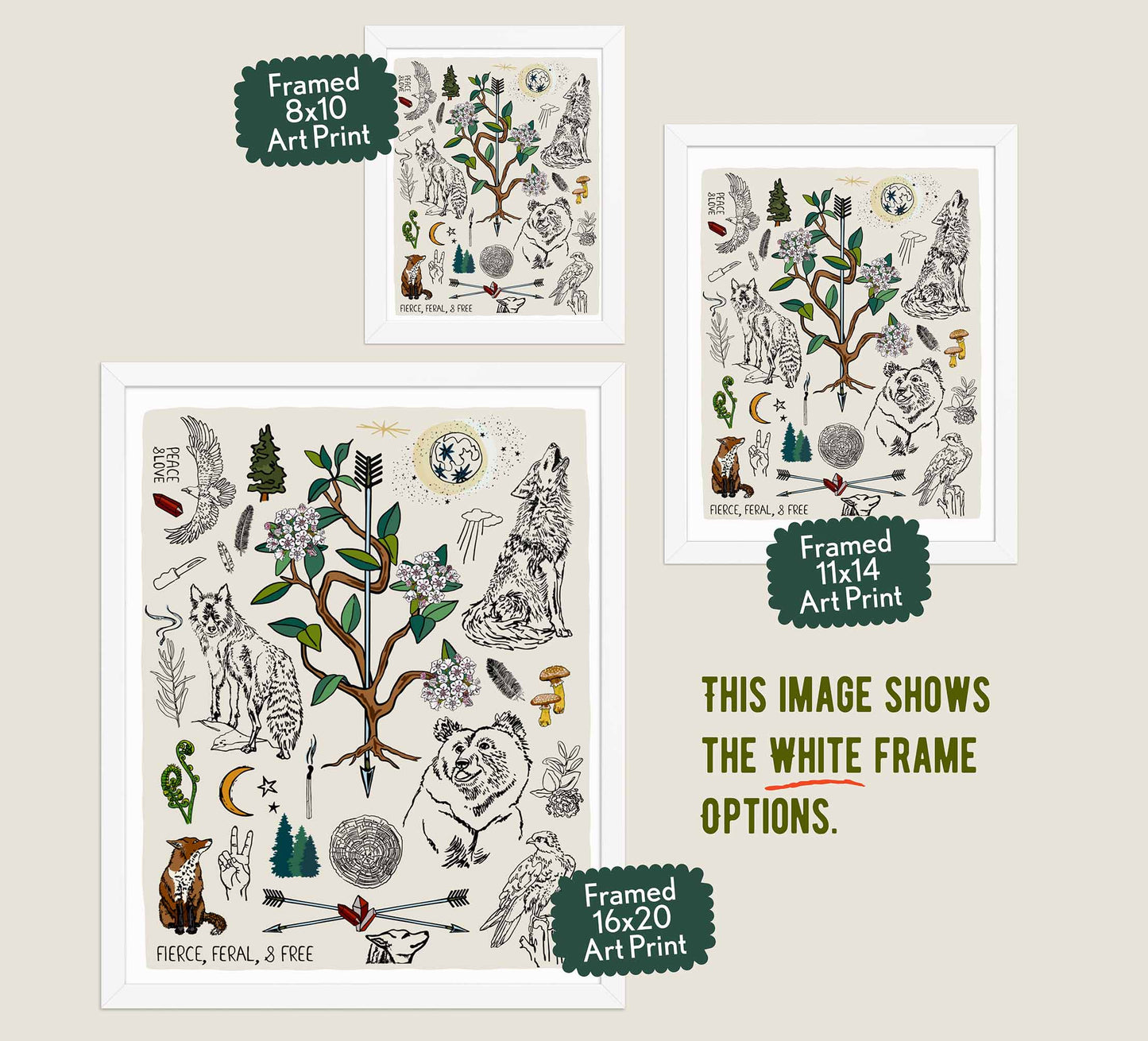 This image shows the three available sizes, which are 8x10, 11x14, and 16x20. This image shows them all in white wood frames.
