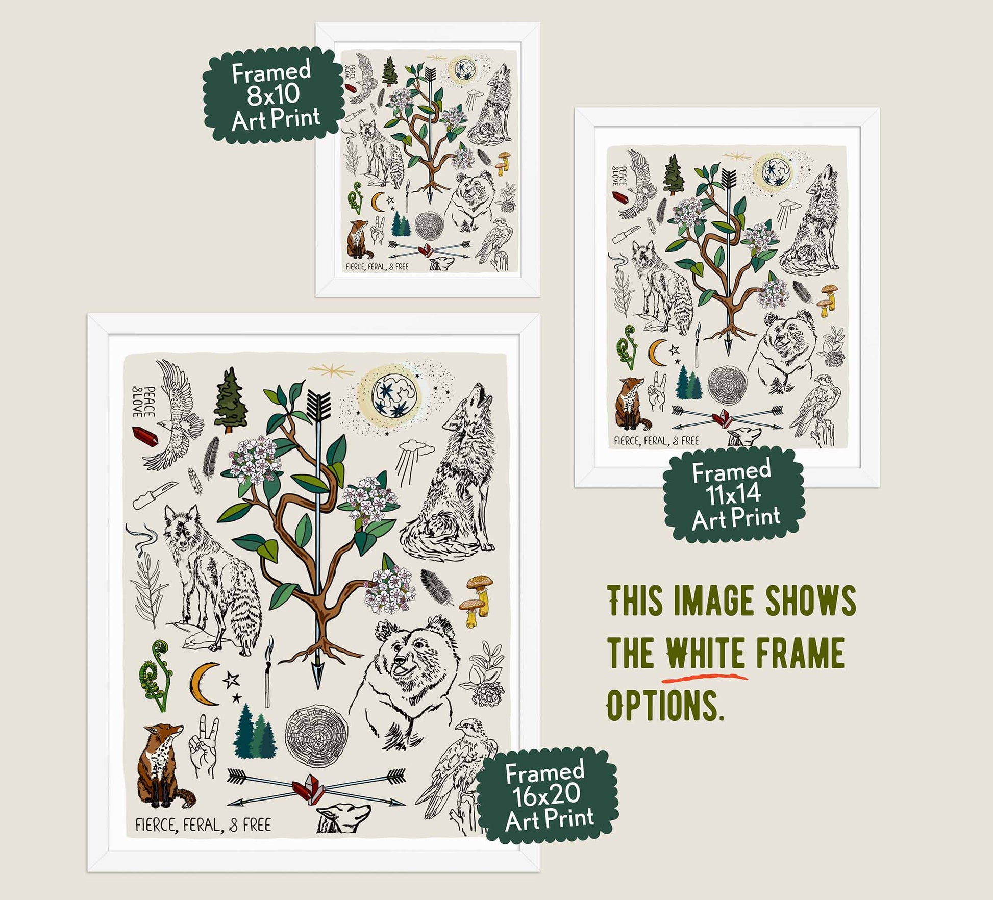 This image shows the three available sizes, which are 8x10, 11x14, and 16x20. This image shows them all in white wood frames.