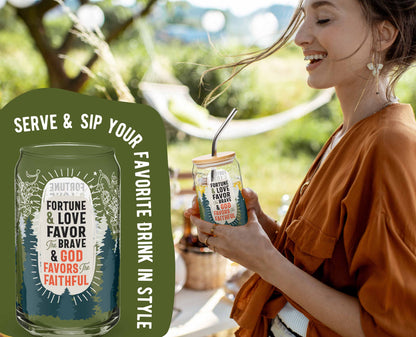 This is a photo of the glass. It's laid over an organic green shape with the words "Serve & sip your favorite drink in style" written around the glass. This is laid over a photo of a woman holding the glass at a picnic.