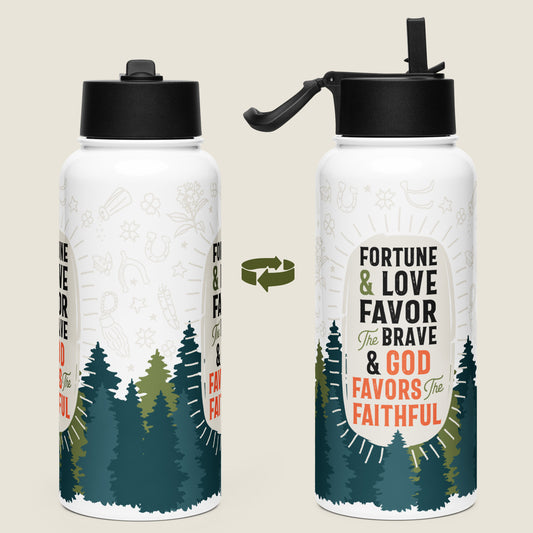 There are two water bottles on an ivory background. Each view shows a different side of the design. 
