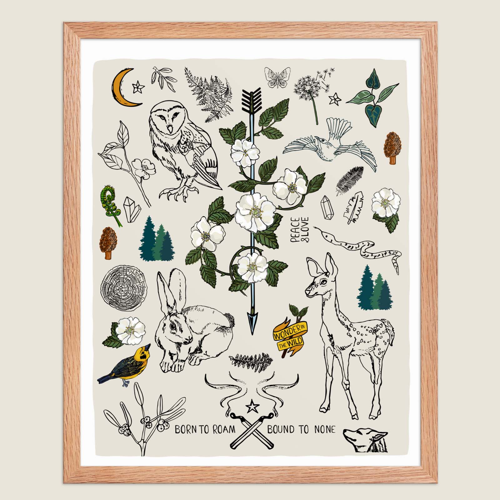 Born to Roam art print, framed in a natural wood frame, on an ivory background.