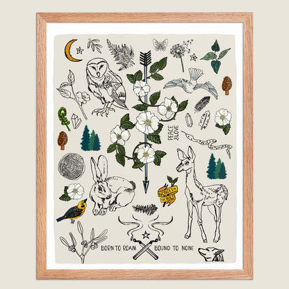 Born to Roam art print, framed in a natural wood frame, on an ivory background.