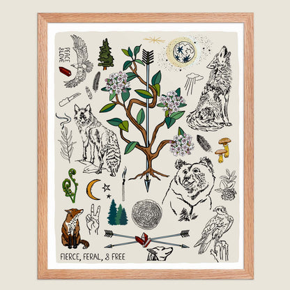 Fierce, Feral, and Free art print poster in a natural wood frame on an ivory background.