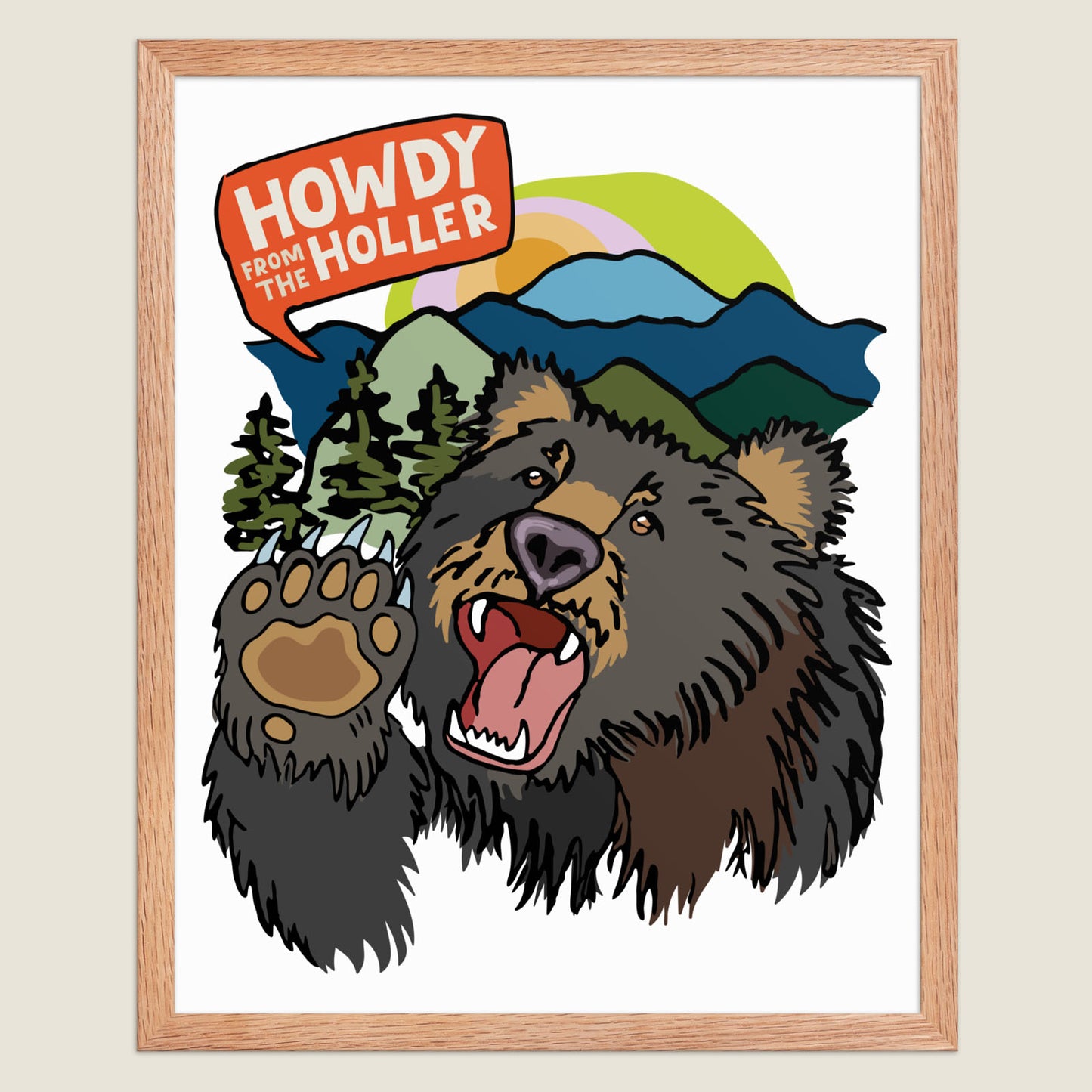 Framed artwork of an illustrated bear in the Appalachian mountains and 'Howdy from the Holler' text. 