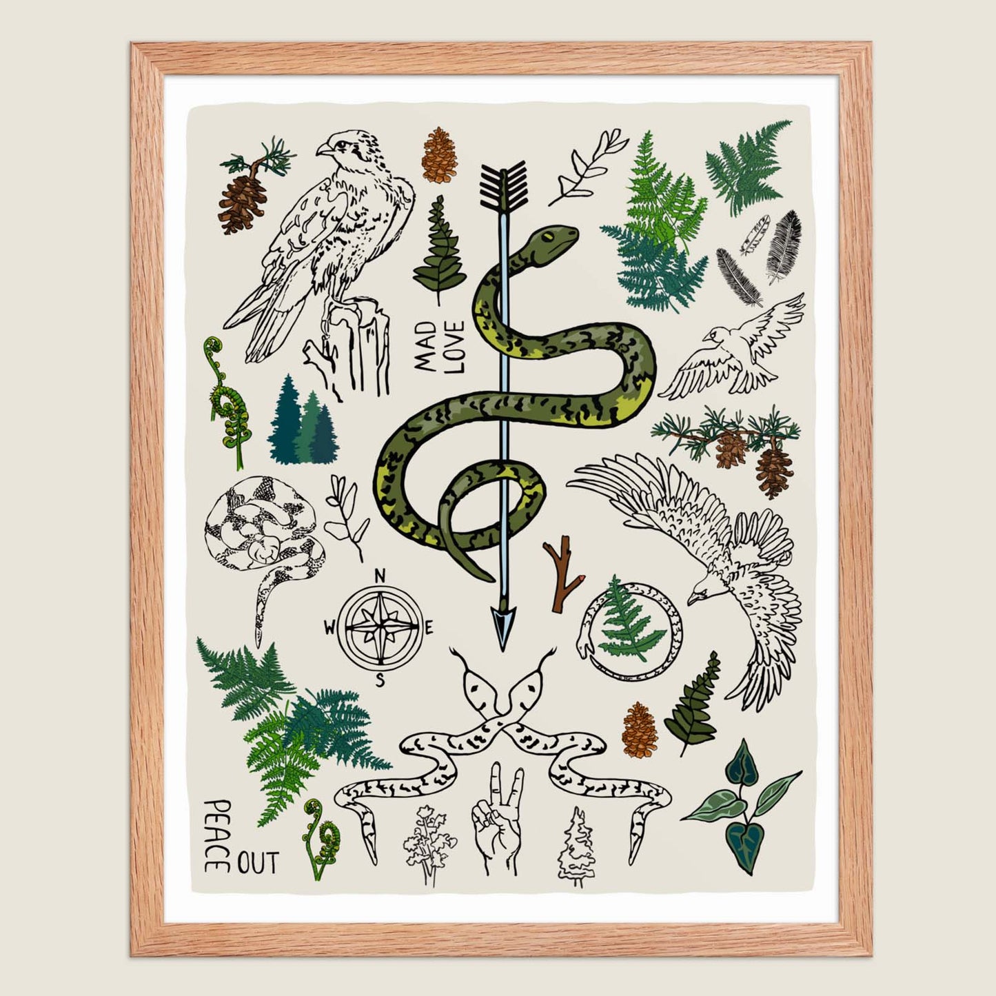 Peace Out in the Woods framed art print poster in a natural wood frame on an ivory background.