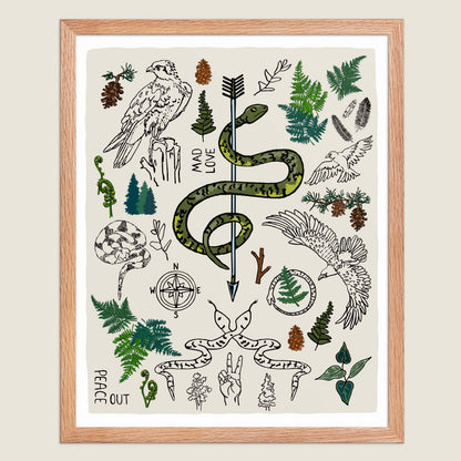 Peace Out in the Woods framed art print poster in a natural wood frame on an ivory background.
