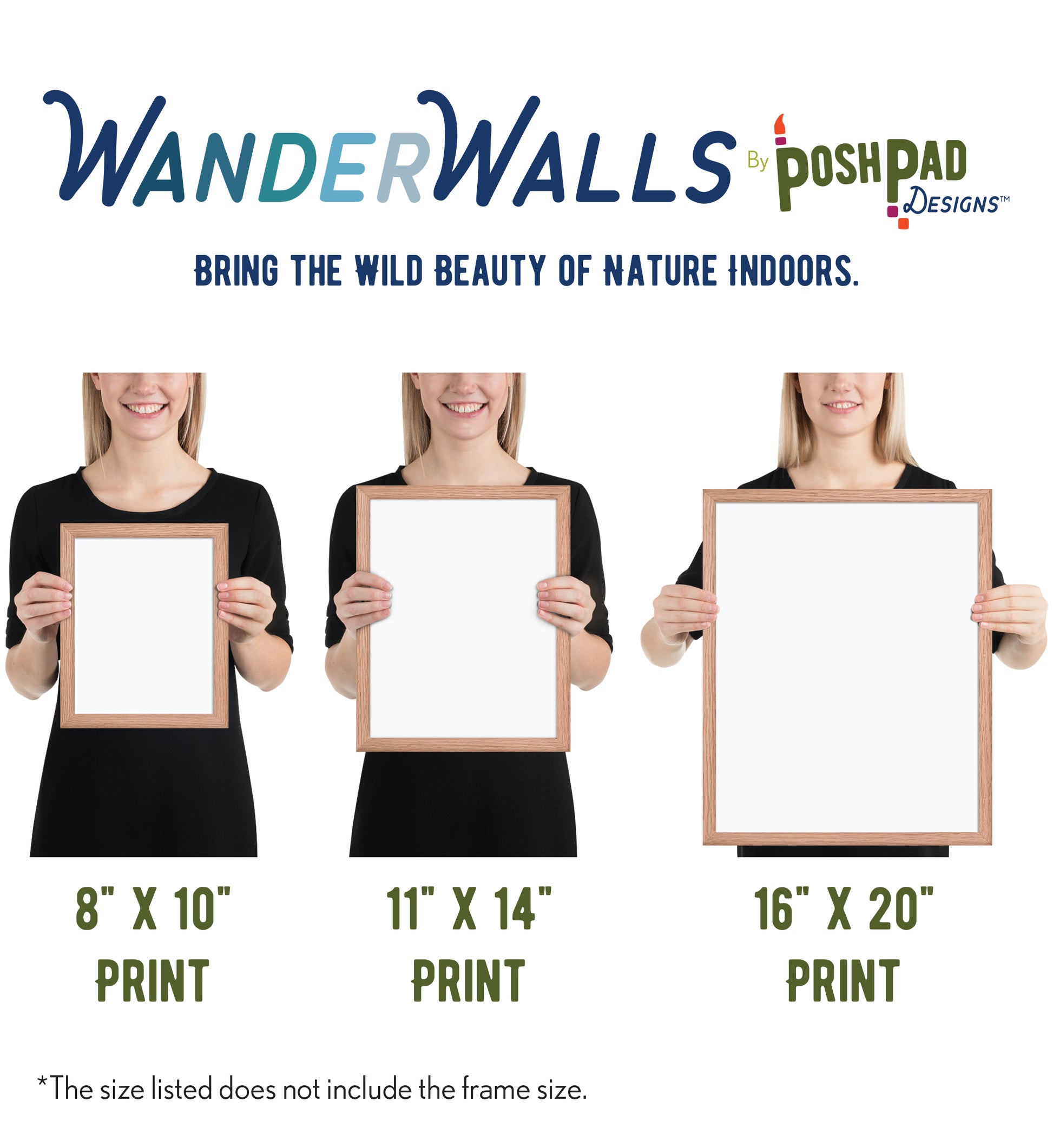 This is an infographic that shows the three size variants available. There is an image of a woman holding each size to give you an idea of what those sizes would look like in person. The available sizes are 8x10, 11x14, or 16x20.