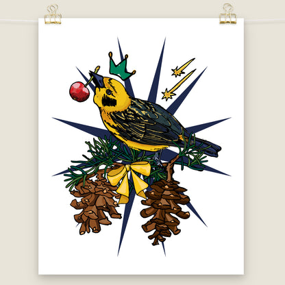 Crowned Golden Finch and Cherry art print.