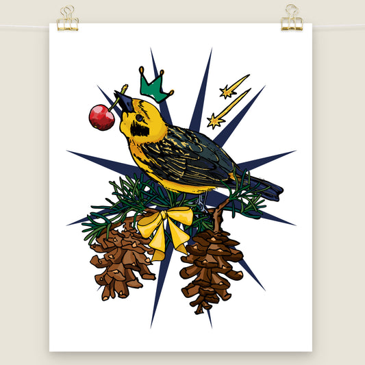 Crowned Golden Finch and Cherry art print.