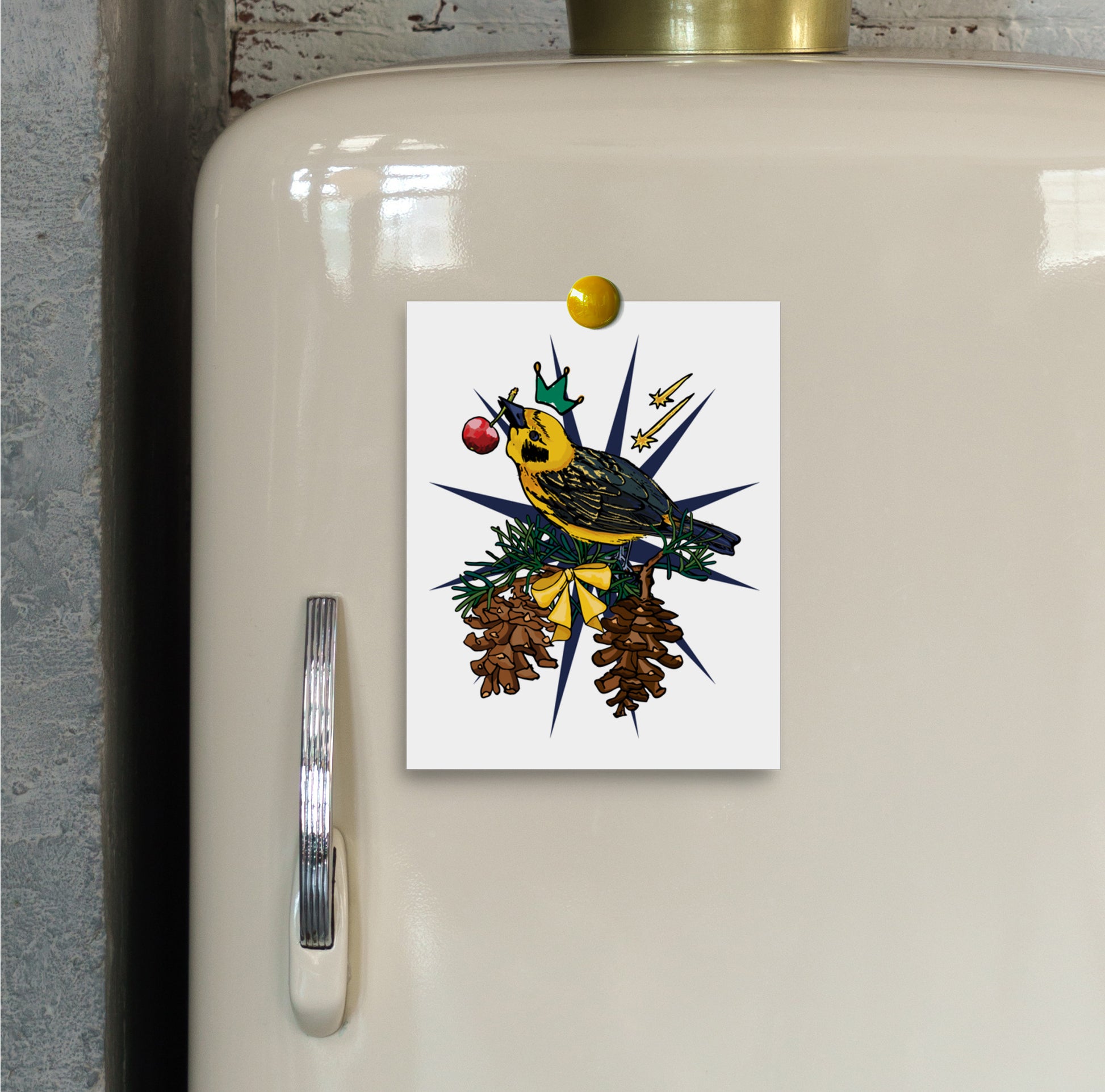 Crowned Golden Finch and Cherry art print hung on a refrigerator door with a magnet.