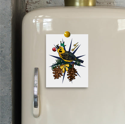 Crowned Golden Finch and Cherry art print hung on a refrigerator door with a magnet.