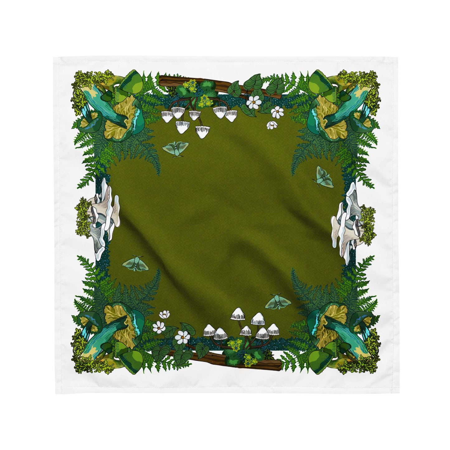 Green Mushrooms and Moth Eco-Friendly Bandana | Head Scarf | Eco-friendly Recycled Material | SPF Protection | Medium Size