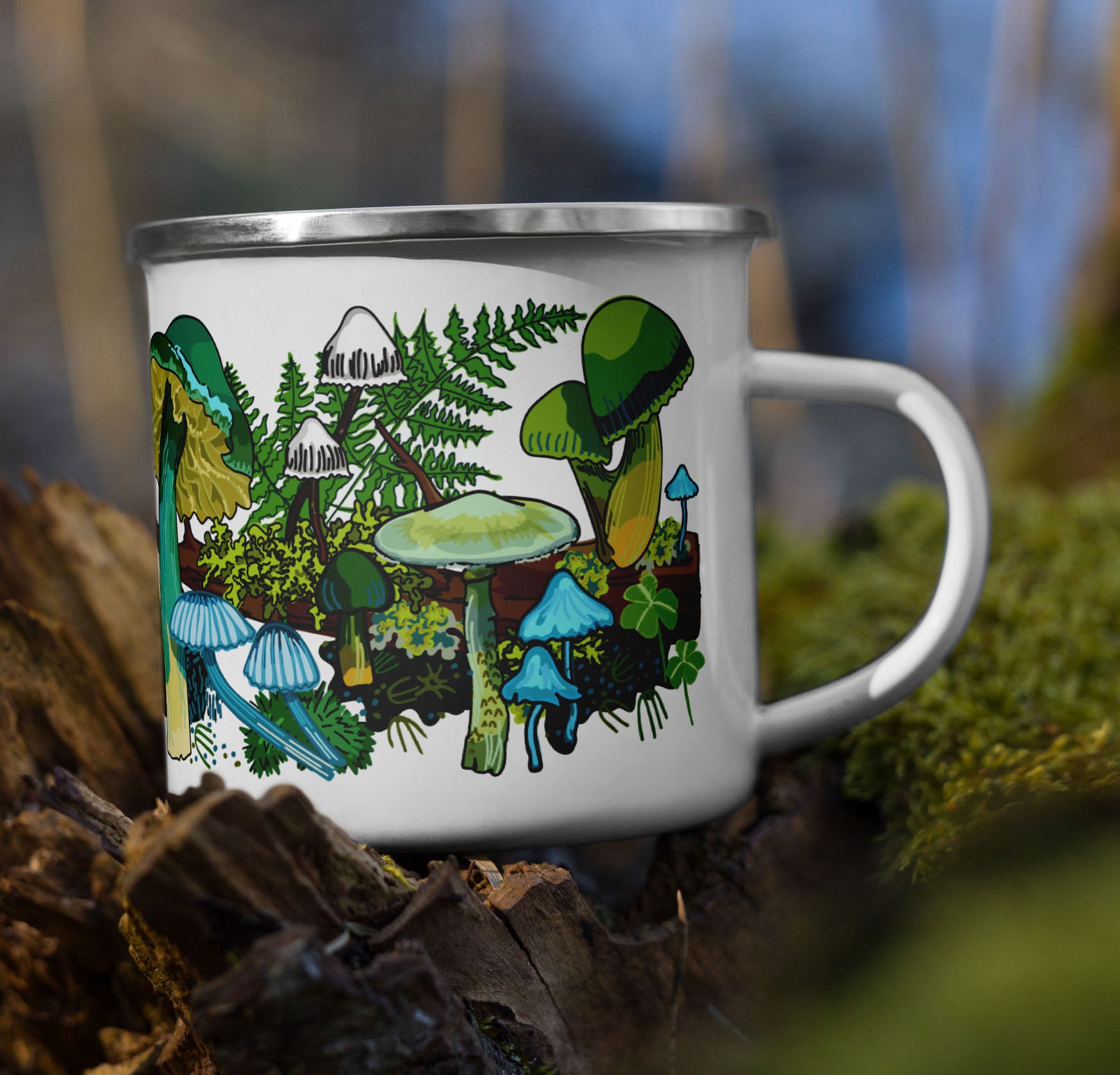 Green mushroom enamel coffee mug on a tree stump with moss.