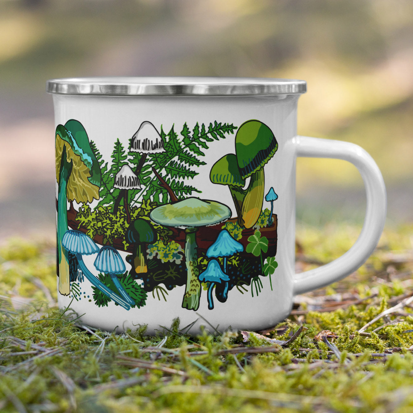 Green mushrooms camp mug on moss.