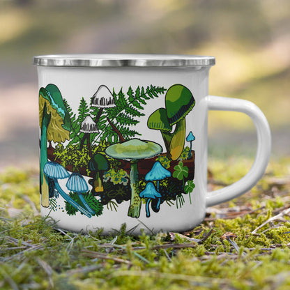Green mushrooms camp mug on moss.