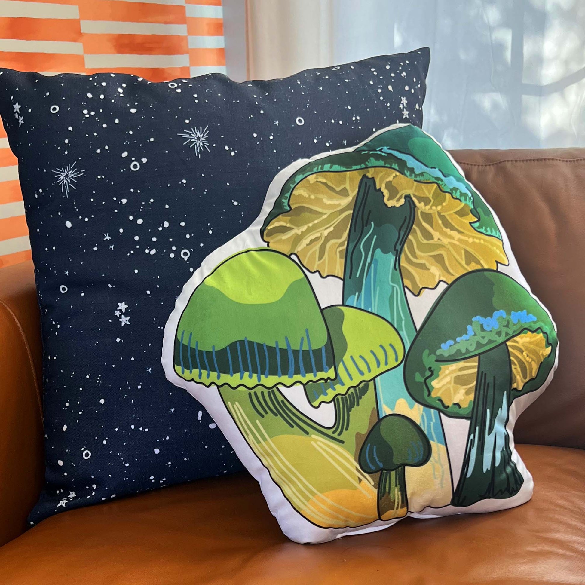 Photo of the pillow on a leather chair.