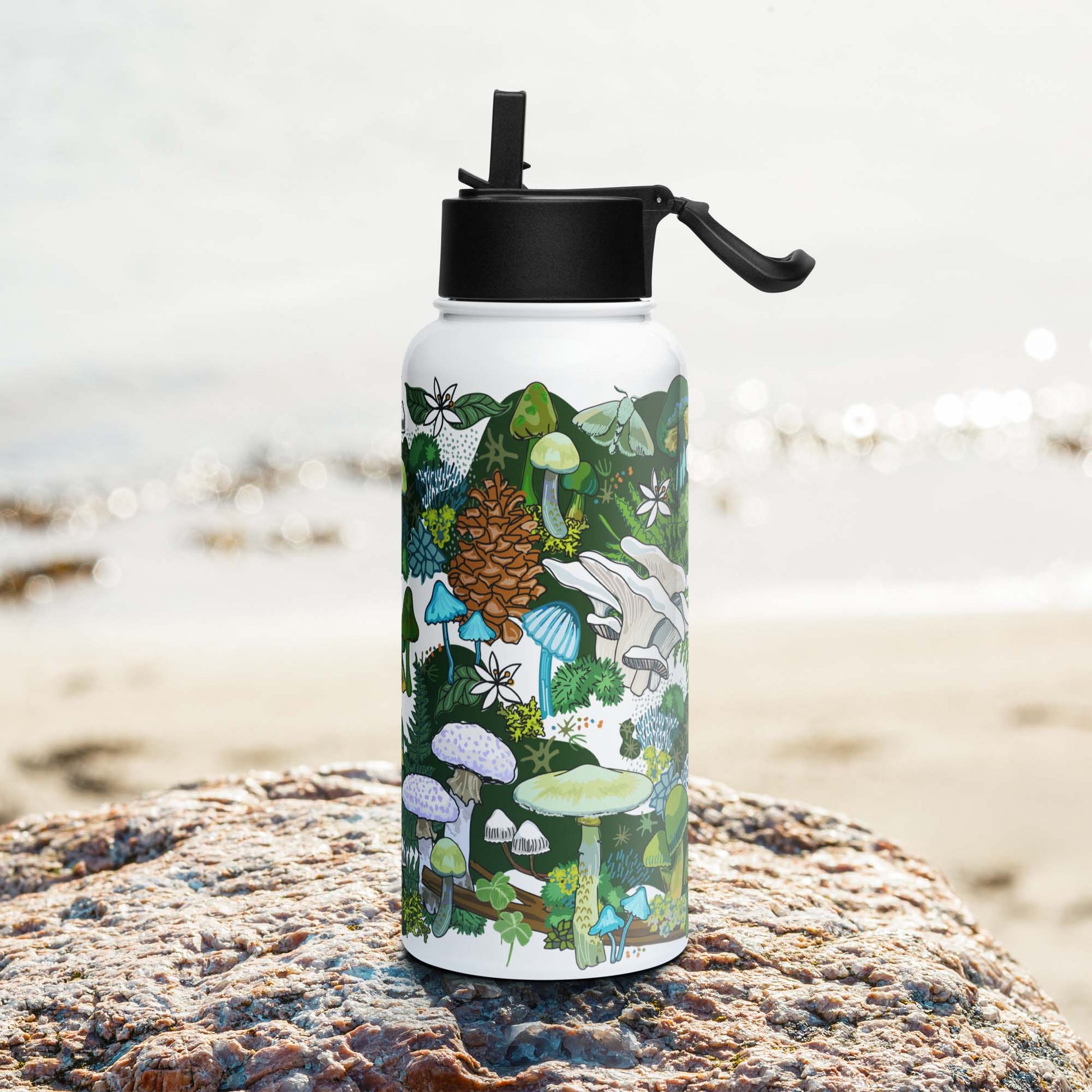 Right side of the Green Mushroom Insulated Water Bottle with Straw Lid | Wild Mountain Mushrooms Forest Art | Outdoorsy Girl Gift