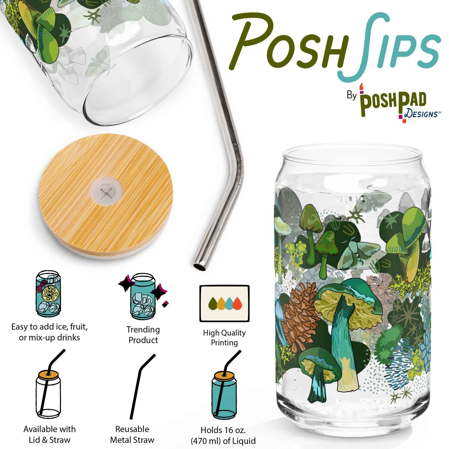 This infographic shows an angle of the glass with the lid and straw sitting beside it and a photo of the glass by itself. Product perks include a wide top that makes it easy to add ice and fruit, high-quality printing, an available option with a reusable metal straw and eco-friendly bamboo lid, and it holds 16 ounces of liquid.