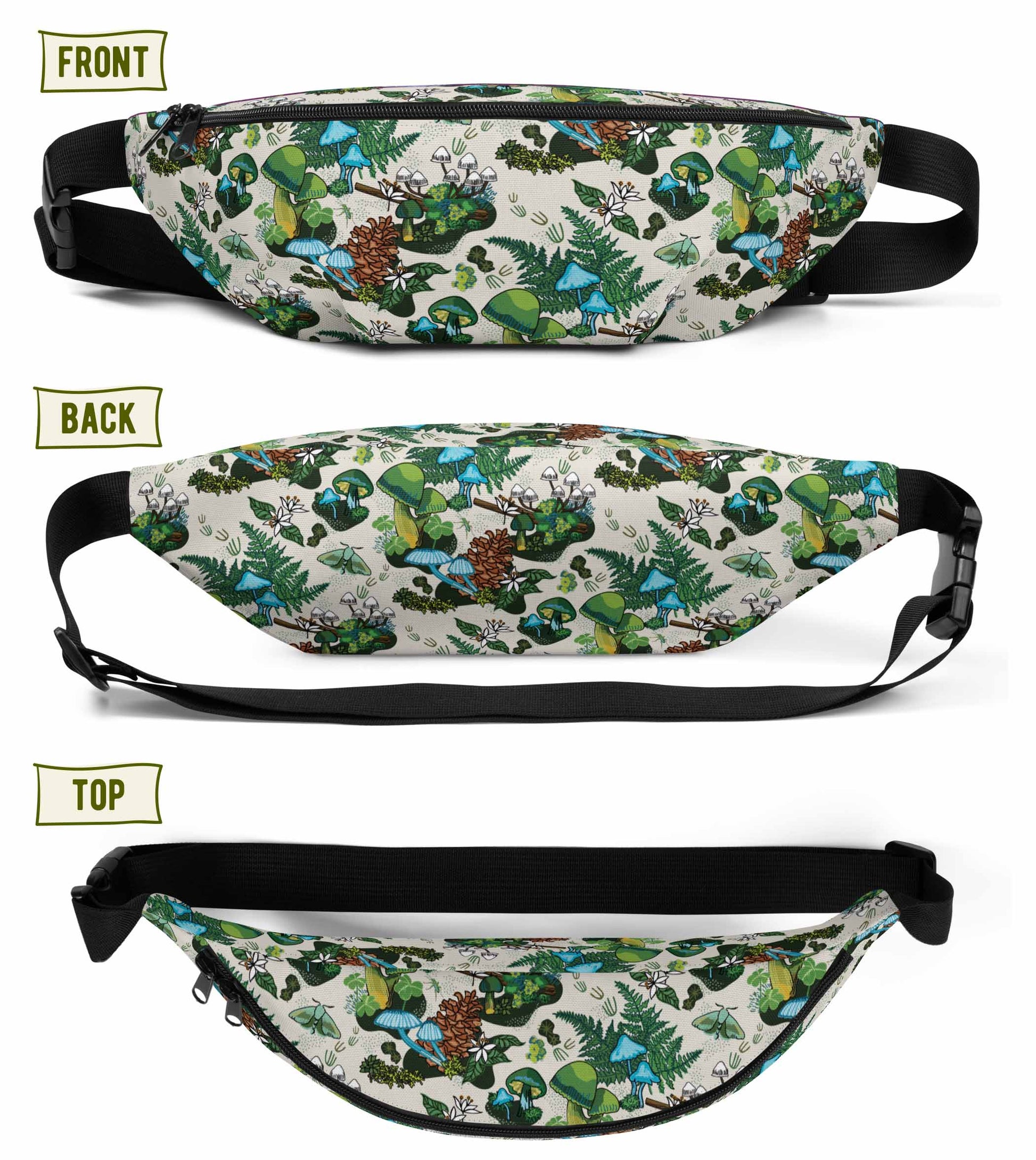 Image shows three views of the hip pack - front, back, and top views.
