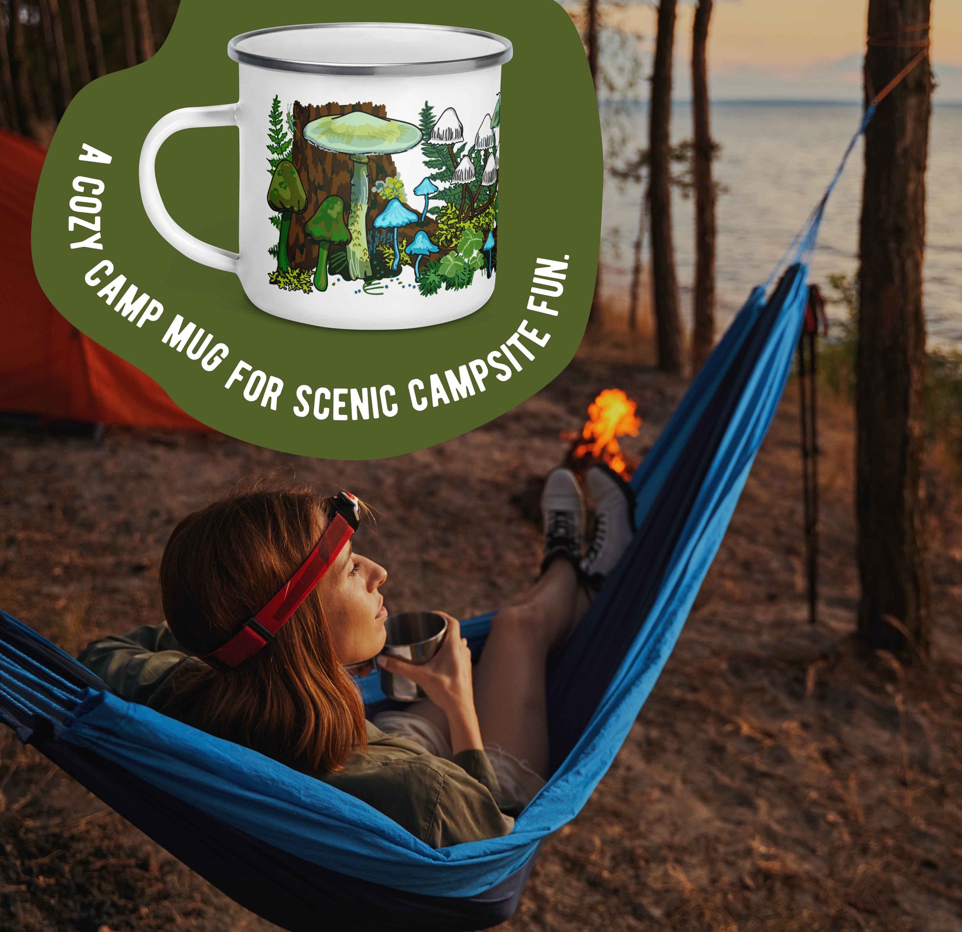 Female camper laying in a hammock by a lake with a red tent. There is a graphic at the top of a green organic shape around a photo of the mug. The words "A cozy camp mug for scenic campsite fun."
