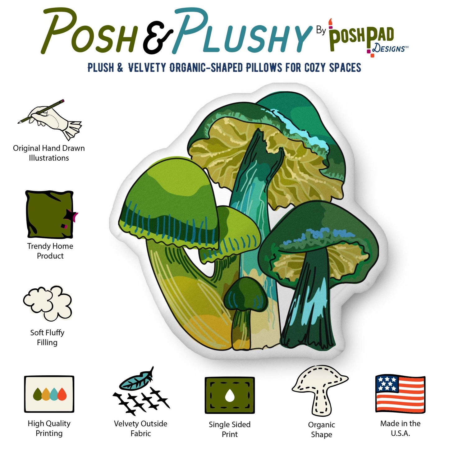 This is an infographic showing the pillow perks. Those perks include hand drawn illustration, trending home product, soft fluffy filling, high quality printing, velvety fabric, organic shape, and made in the U.S.A.