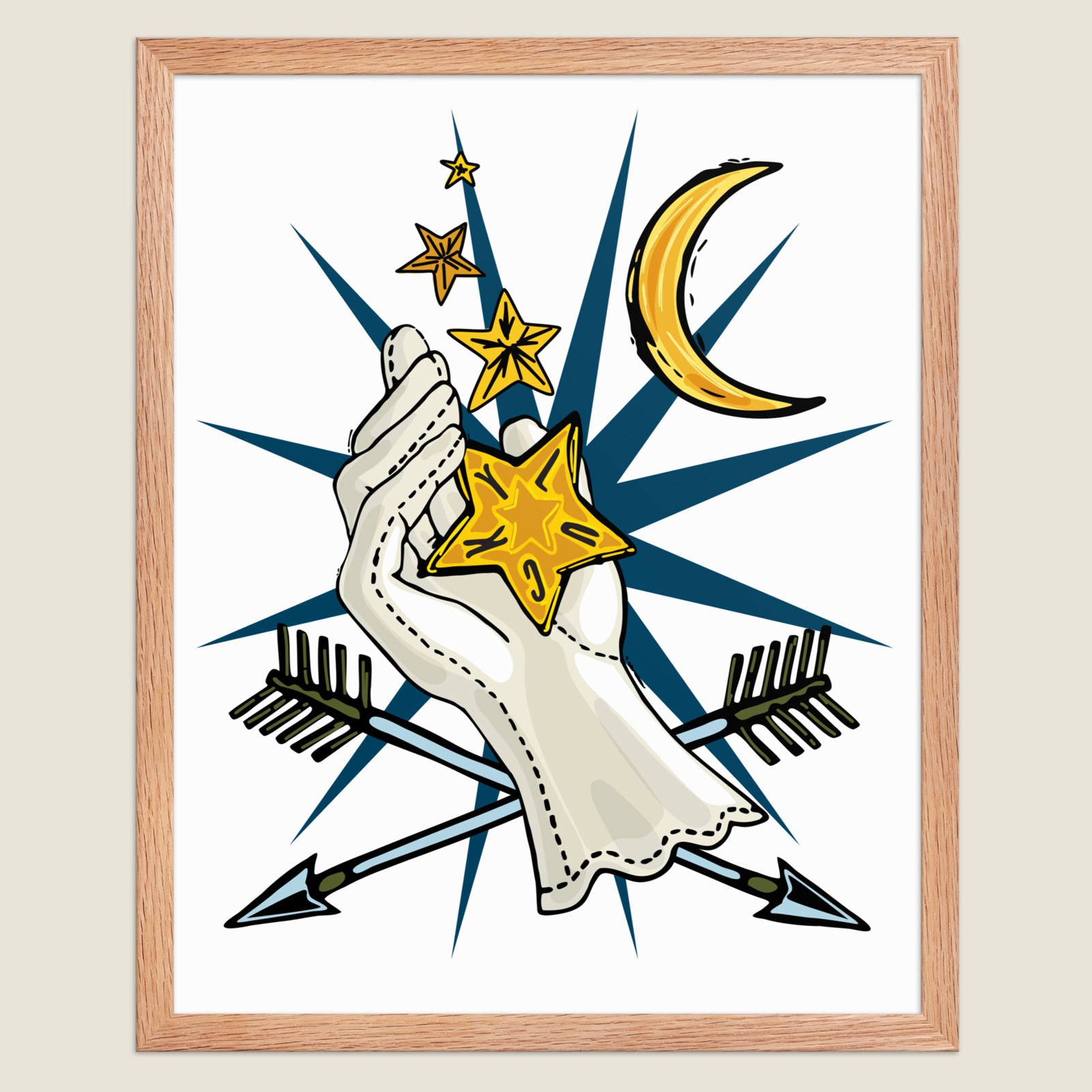 Lucky Star Giver art print in a natural wood frame.