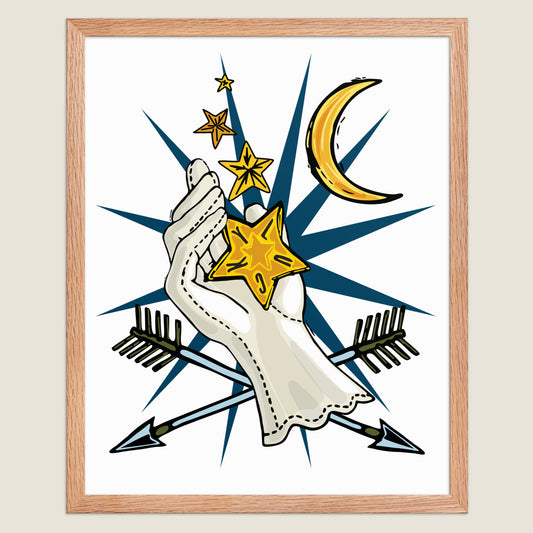 Lucky Star Giver art print in a natural wood frame.